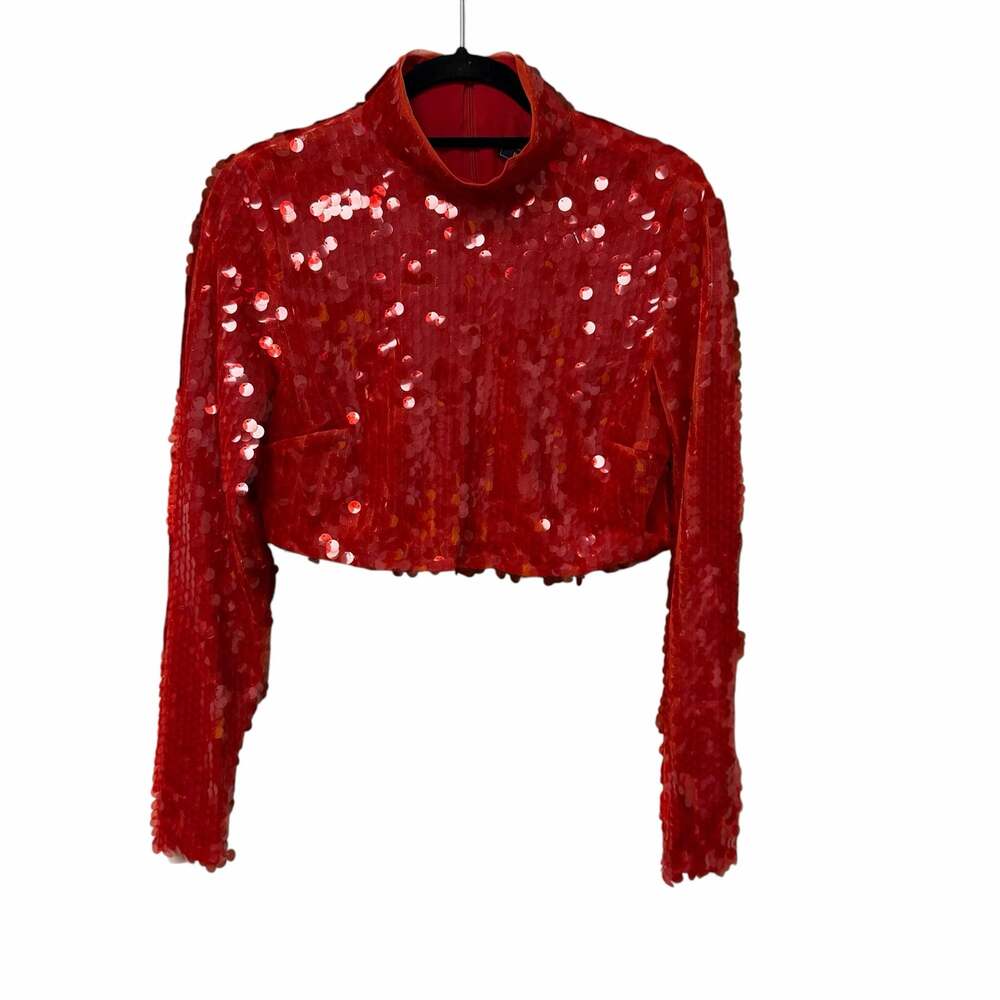 NWD BCBGMAXAZRIA Red Sequin Mock Neck Crop Top US 8 Holiday Festive Glam